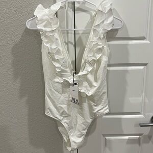 Zara white ruffle one piece swim suit NWT